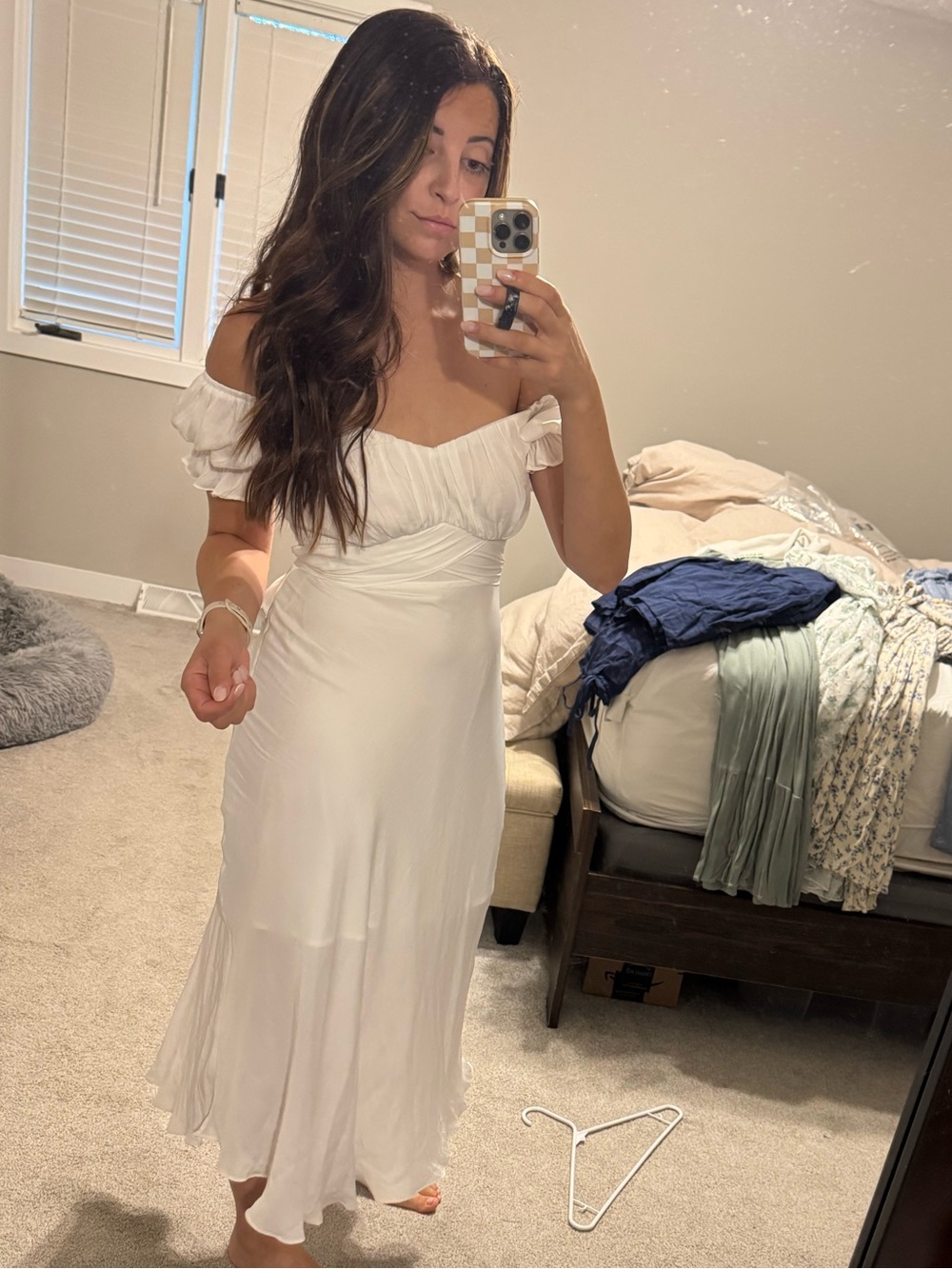 Hello Molly White Off-Shoulder Midi Dress with Ruffle Sleeves